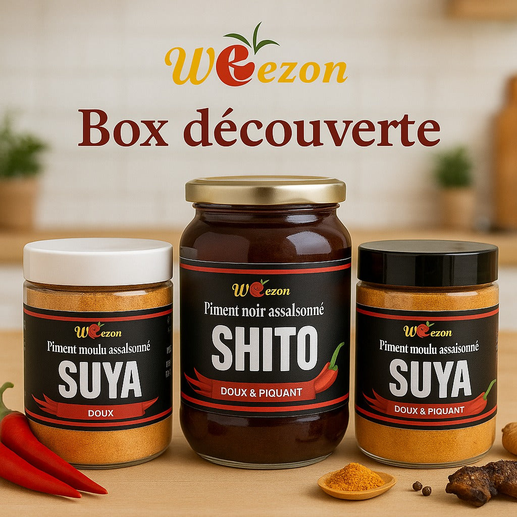 Coffret Découverte Triplet - Shito / Suya (doux et piquant) piment brochette, piment barbecue, brochette de soya, Nigéria - Ghana - Togo - Benin (800g)